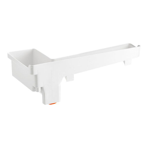 A white plastic container with orange handles and an orange button.