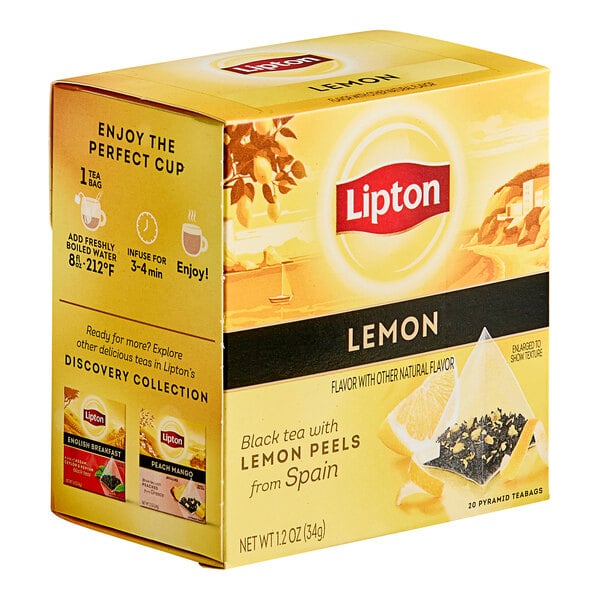 A yellow box of Lipton Lemon Black Pyramid Tea Bags.