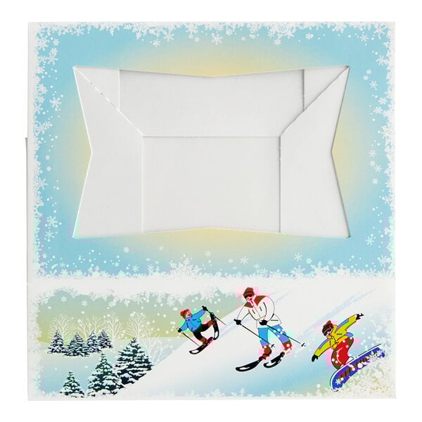 A white bakery box with a cartoon of a person skiing.