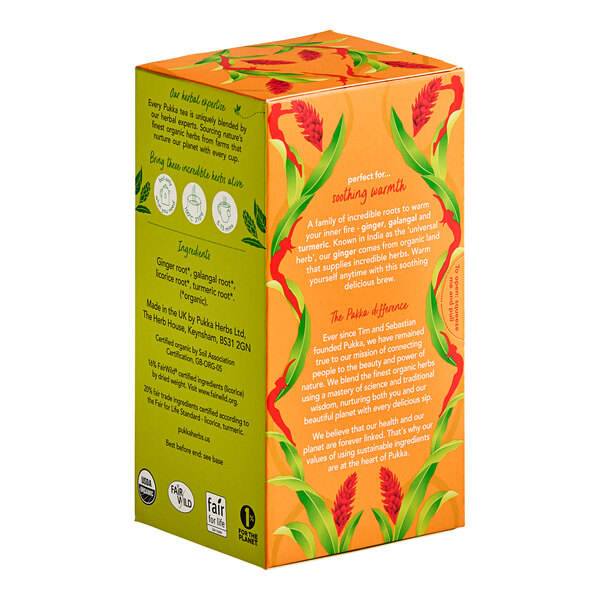 A white box of Pukka Organic Three Ginger Herbal Tea Bags with text and images.