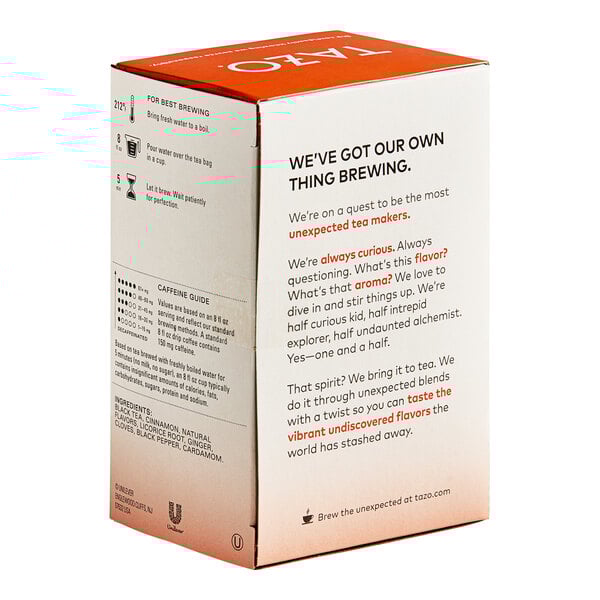 A white box of Tazo Pumpkin Spice Chai Tea Bags with red and black text.