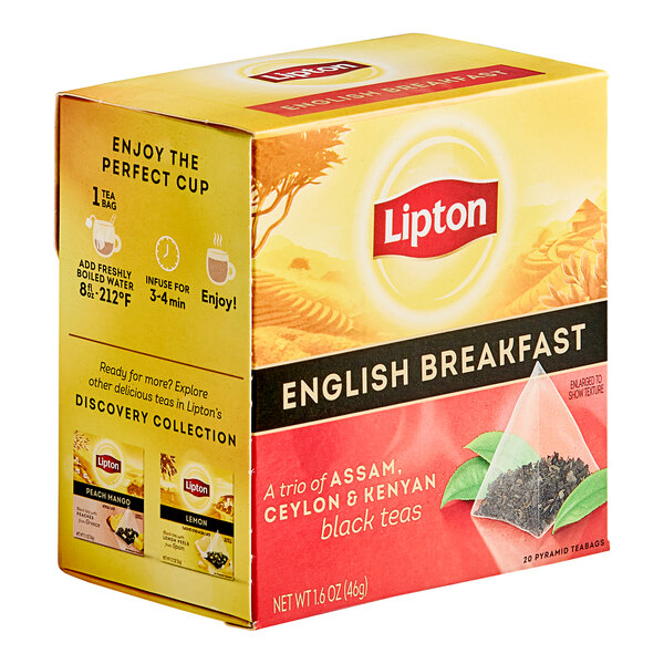 A box of Lipton English Breakfast Pyramid Tea Bags.