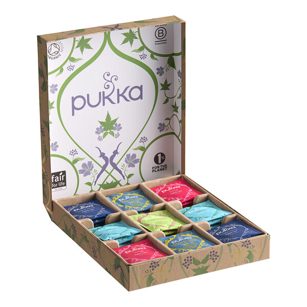 A Pukka Organic Relax Tea variety box with six different flavors.