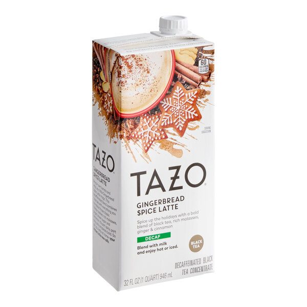 A 32 fl. oz. carton of Tazo Decaf Gingerbread Spice Latte black tea concentrate.