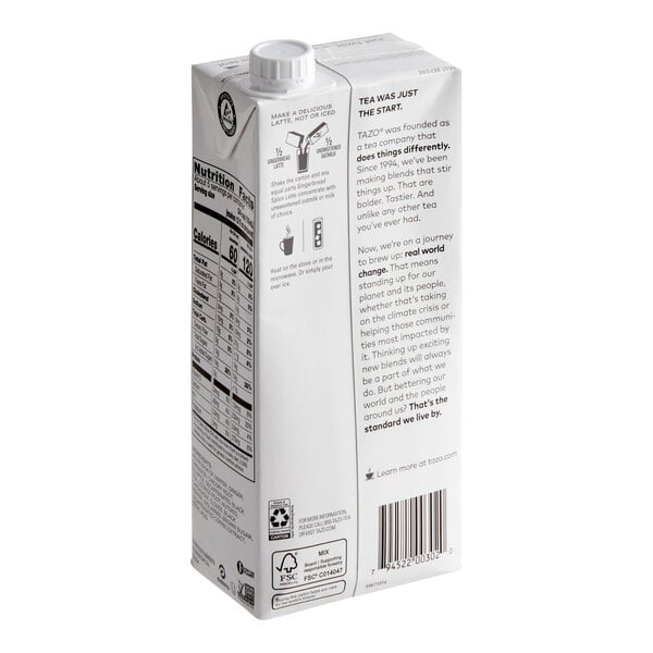 A 32 fl. oz. carton of Tazo Decaf Gingerbread Spice Latte 1:1 concentrate.