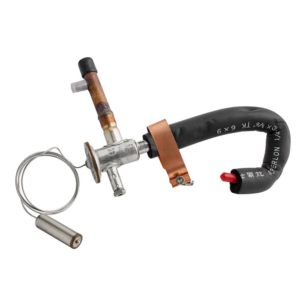 An Avantco Ice expansion valve assembly with a metal tube and a black tube and wire attached.