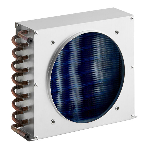 An Avantco Ice condenser with a blue circle on a metal box.