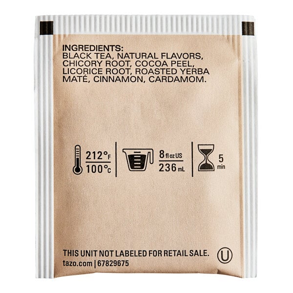 A Tazo Vanilla Bean Macaron tea bag packet with black and white text.