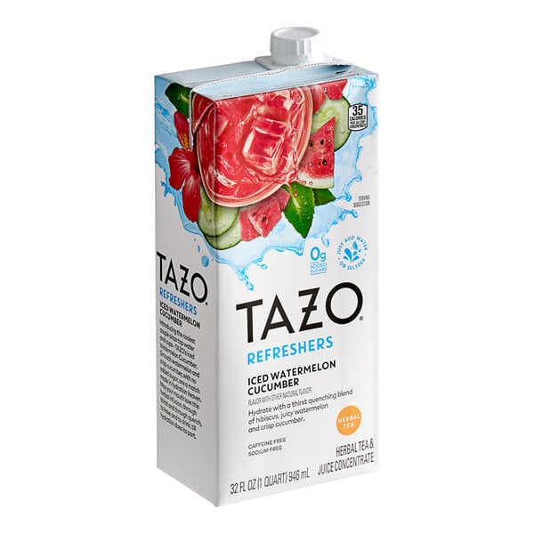 A white box of Tazo Refreshers Watermelon Cucumber Iced Tea and Juice concentrate with blue and white labels.