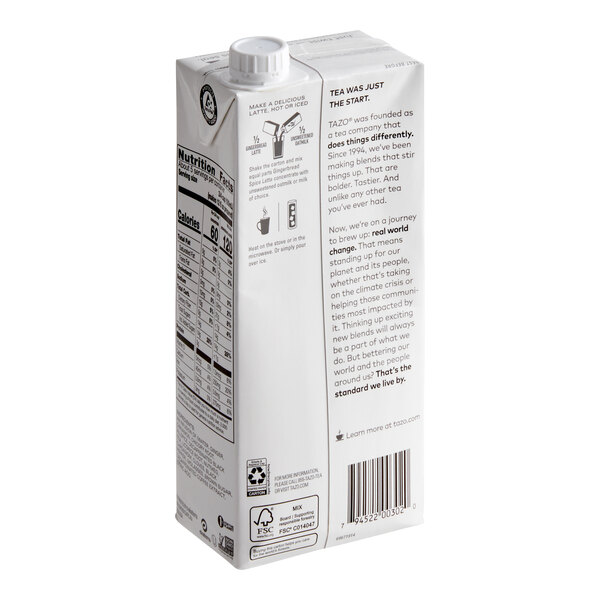 A 32 fl. oz. carton of Tazo Decaf Gingerbread Spice Latte 1:1 concentrate.