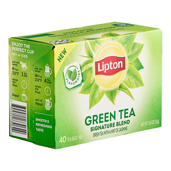 A green and yellow box of Lipton Signature Blend Green Tea Bags.