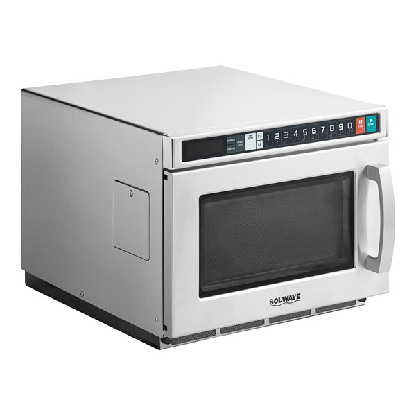 A Solwave stainless steel commercial microwave with a door open on a white background.