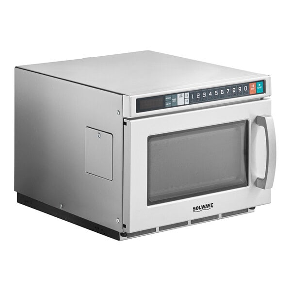 A Solwave stainless steel commercial microwave oven with a window and door on a white background.