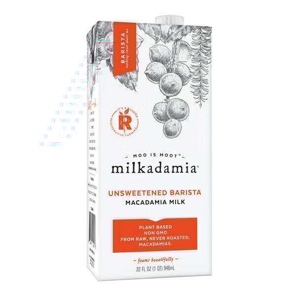 A white Milkadamia carton with a graphic design on it.