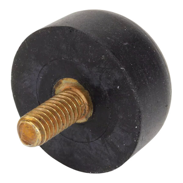 A black rubber foot with a screw on a table.