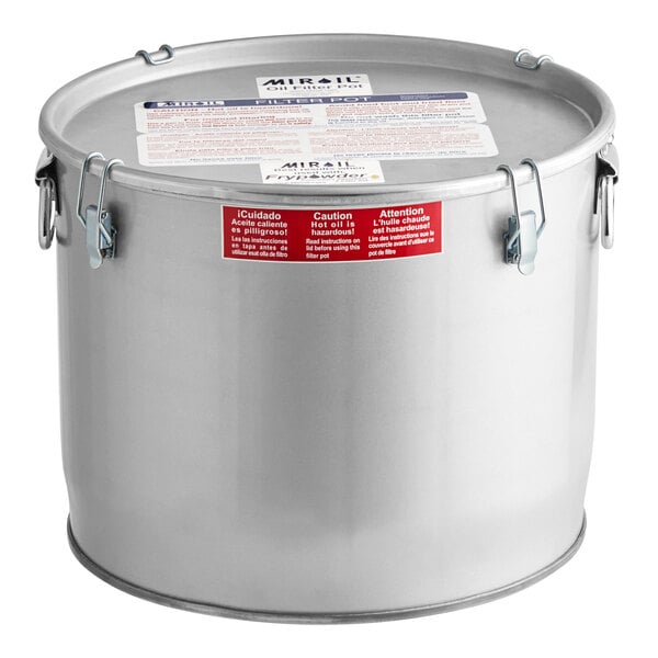 A silver MirOil 5 gallon enameled steel bucket with a red and white label.