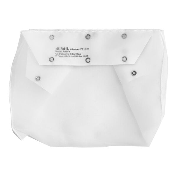 A white MirOil filter bag with metal snaps.