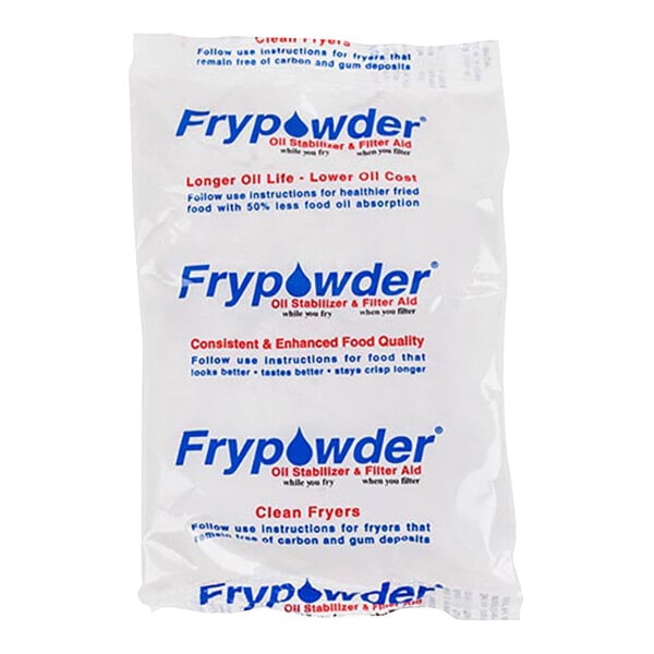 A close up of a blue and red logo on a bag of fry powder.