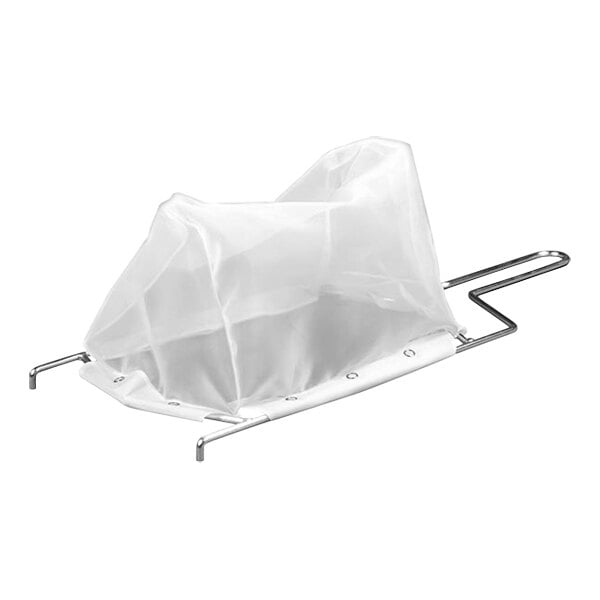 A white mesh bag on a metal frame.