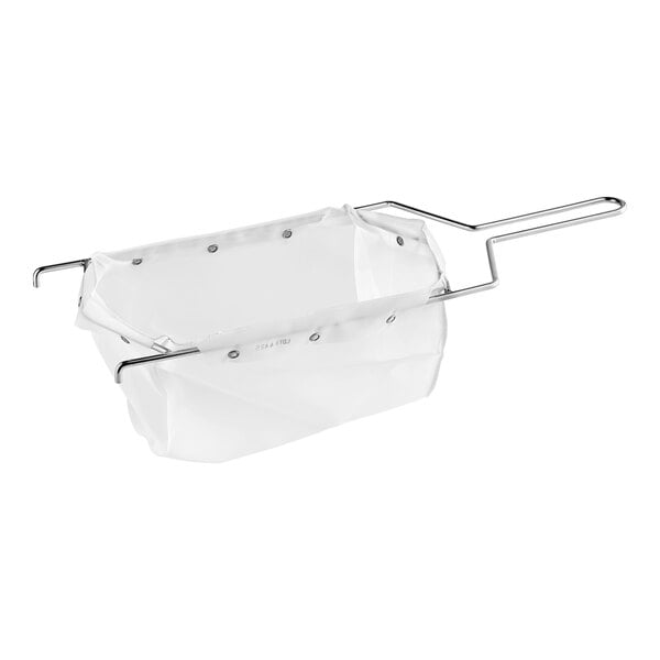 A MirOil white mesh basket with metal handles.