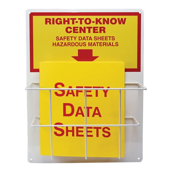 A yellow Accuform sign with red text reading "Right-To-Know Center" above a yellow and red hazardous materials safety station.