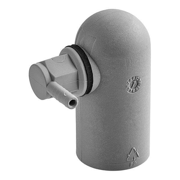 A grey plastic pipe with a black cap and valve.