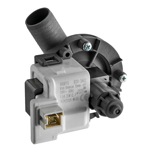 A grey and black water pump with a white electrical device.