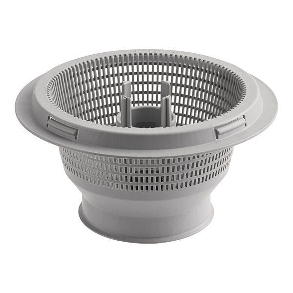 A grey plastic strainer with a mesh cover.