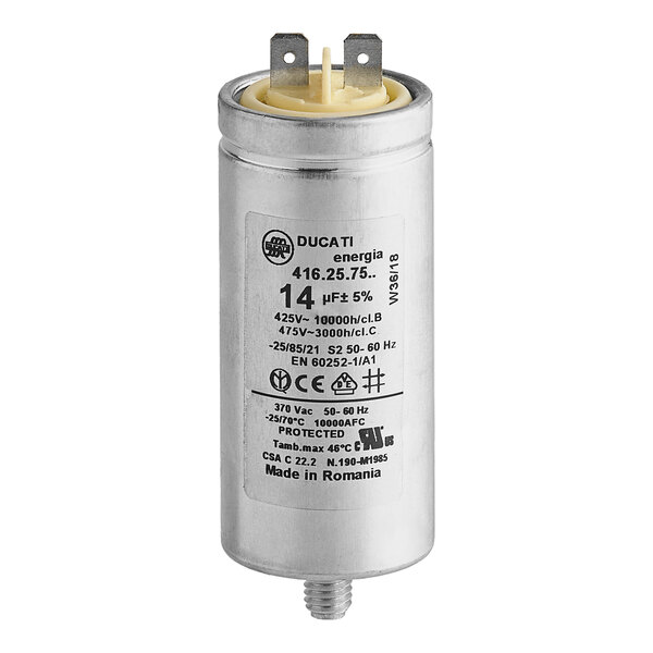 A close-up of a white cylindrical Noble Warewashing capacitor.