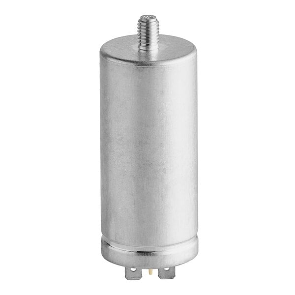 A silver cylindrical capacitor with a screw on top.