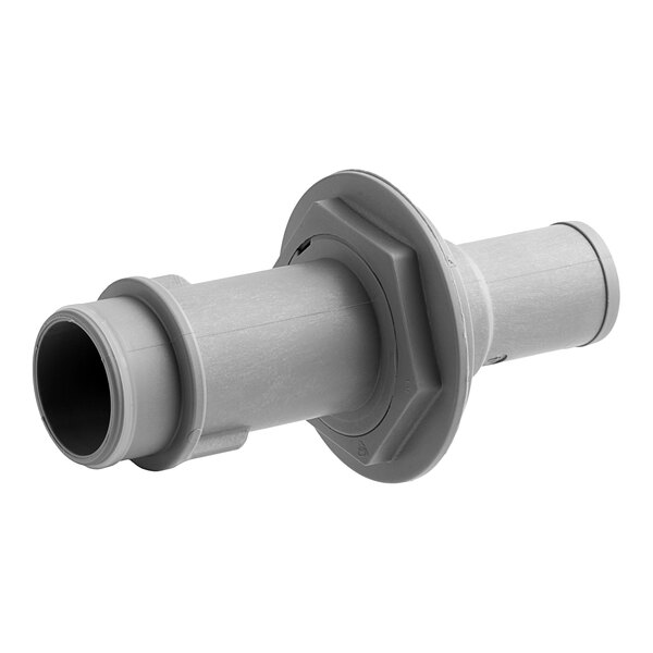 A close-up of a grey plastic pipe fitting.