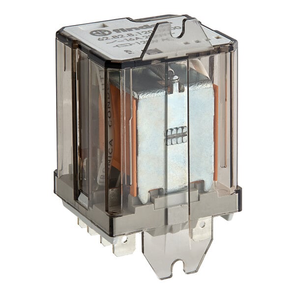A clear plastic box with a black square relay inside.