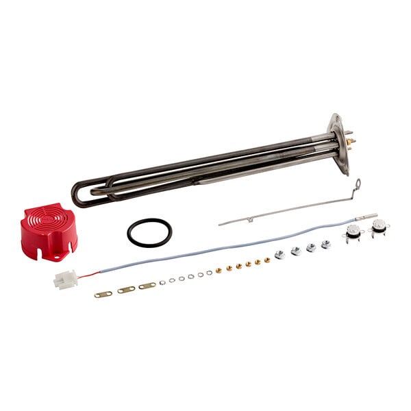 A Noble Warewashing booster heating element assembly with wires and parts.