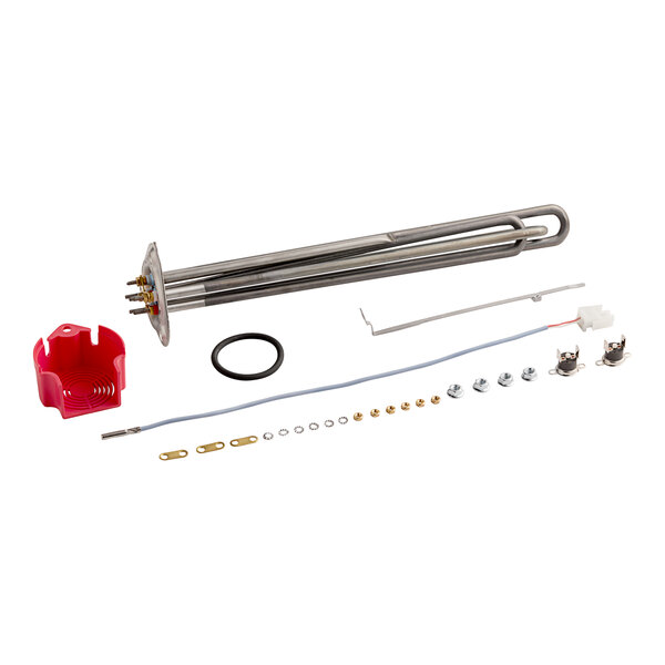 A close-up of the Noble Warewashing booster heating element assembly with stainless steel parts and a hose.