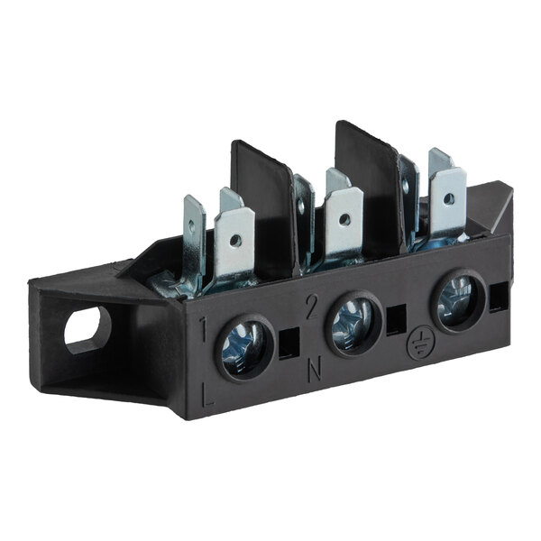 A black Noble Warewashing terminal block with three metal screws.