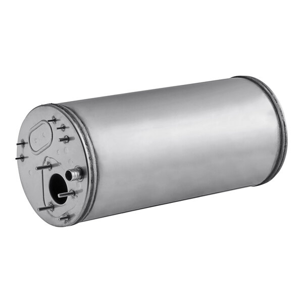 A stainless steel Noble Warewashing booster tank with a metal pipe.