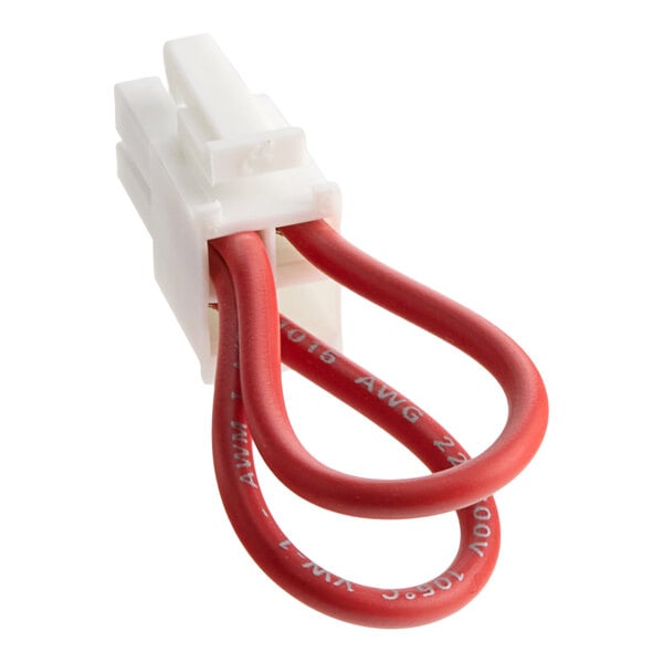 A white plastic electrical connector with two red looped wires, used as a designator for Noble Warewashing LT-DT51.