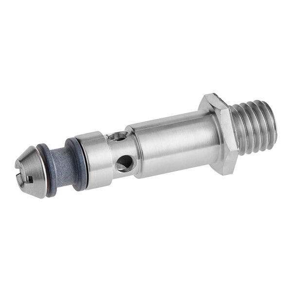 A silver and black metal Noble Warewashing shaft assembly with a stainless steel threaded valve and metal nut.