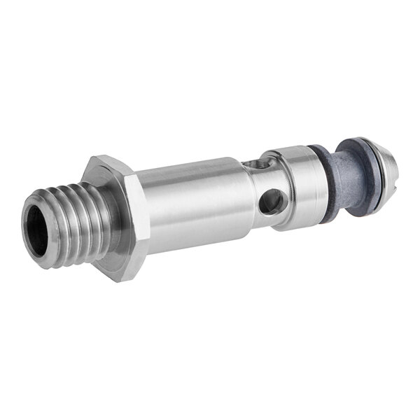 A stainless steel threaded shaft assembly with a metal nut on one end.
