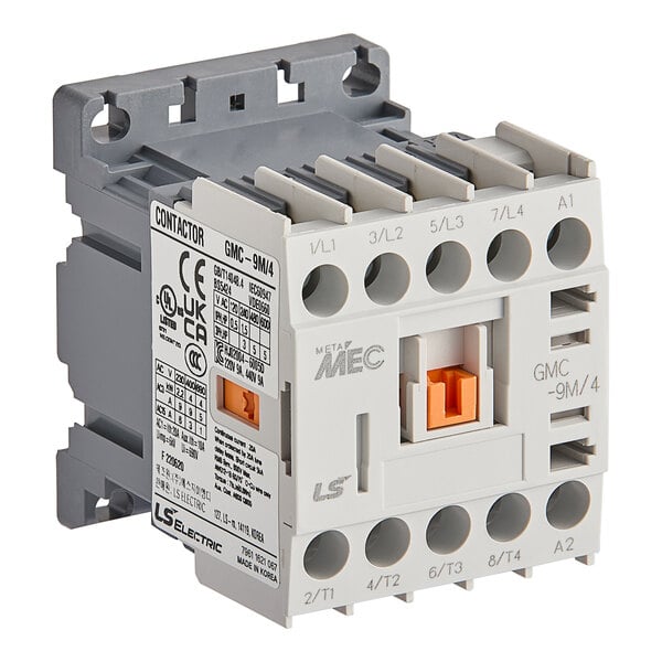 A grey and white Noble Warewashing contactor with an orange button.
