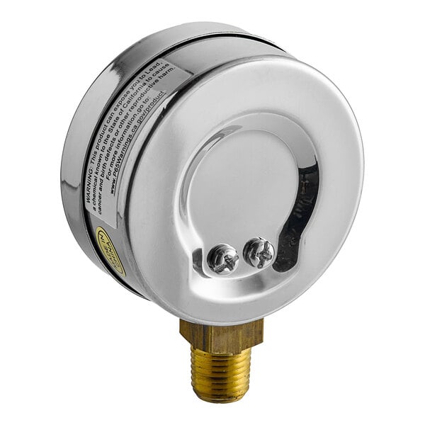 A close-up of a Noble Warewashing water pressure gauge with a stainless steel and brass design.