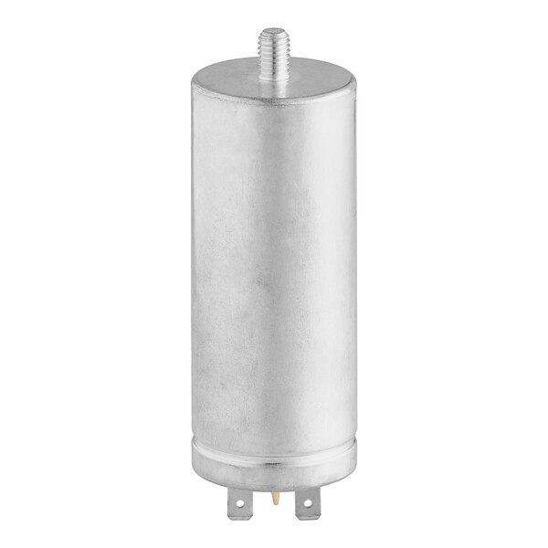 A silver metal Noble Warewashing capacitor with a black stripe.