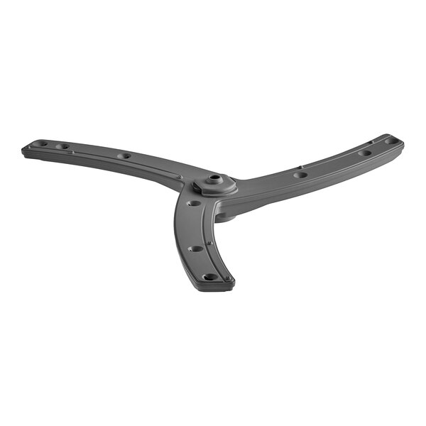 A black metal wash arm assembly bracket with screws.