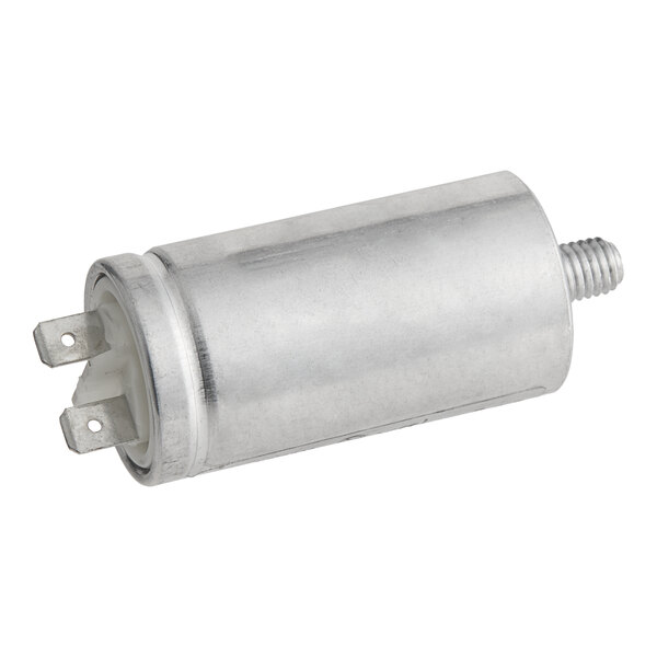 A close-up of a silver Noble Warewashing capacitor.