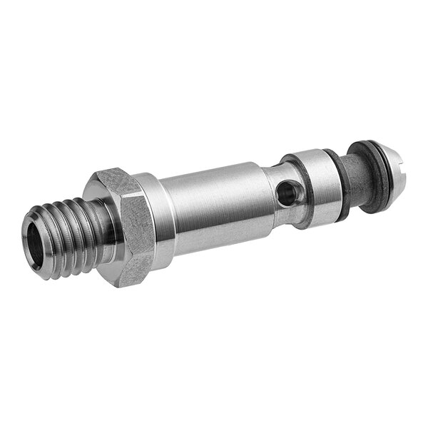 A stainless steel Noble Warewashing shaft assembly with a black and silver metal piece and a threaded nut.