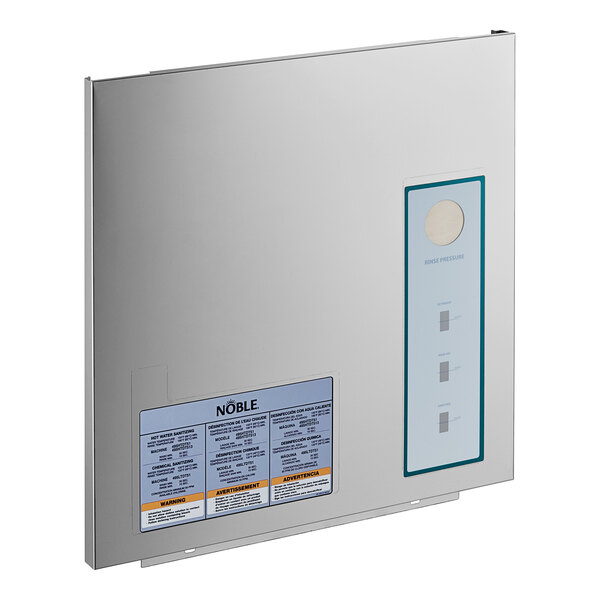 A white rectangular stainless steel panel with blue labels for a Noble Warewashing LTDT Series dishwasher.
