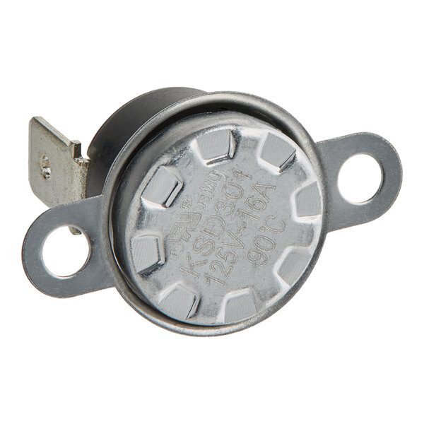 A close-up of a metal Noble Warewashing high-limit thermostat.