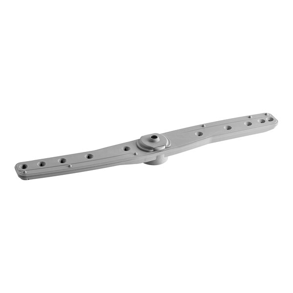 A white metal Noble Warewashing wash arm assembly bracket with two holes.