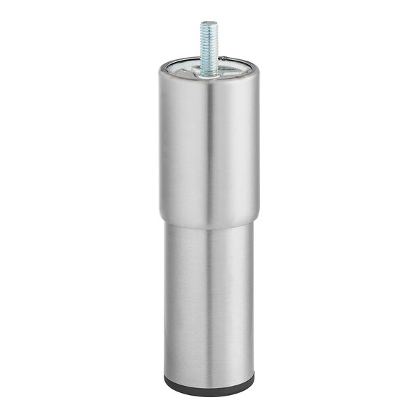 A silver metal foot with a blue screw on a silver cylinder.