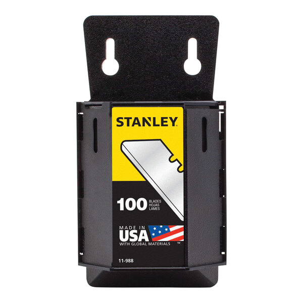 A black Stanley box with a yellow label for 100 round-point utility knife blades.